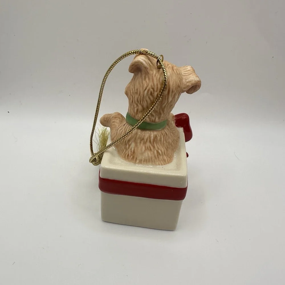 Lenox Dog in the Gift Present Box Furry‎ Friend Ornament Brown Porcelain